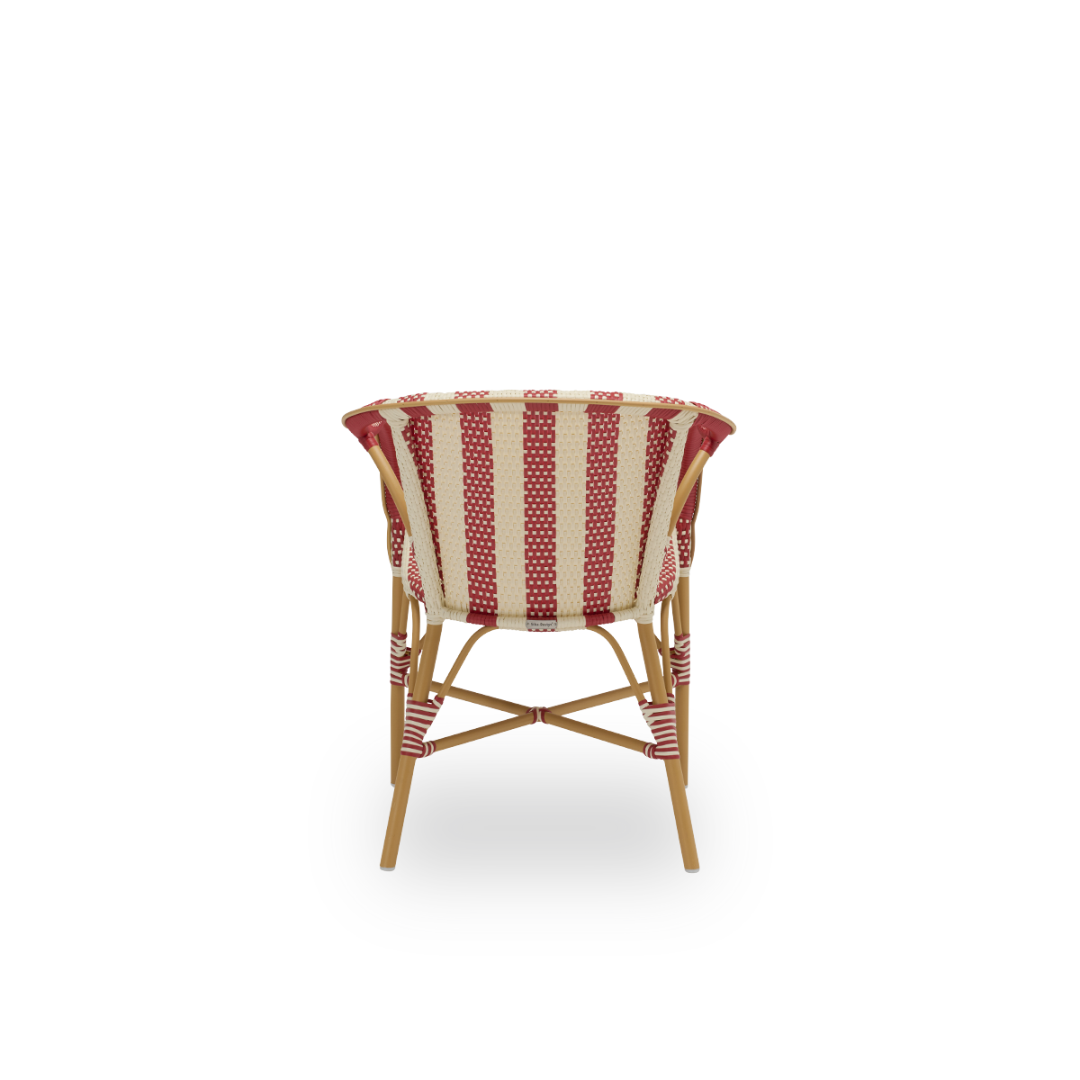 Plain back view of the Madeleine exterior dining chair, in almond frame with striped burgundy and ivory ArtFibre. Part of the Alu-Affäire collection, inspired by Sika-Design's own 1950s designs and Parisian bistros. For year-round outdoor use.