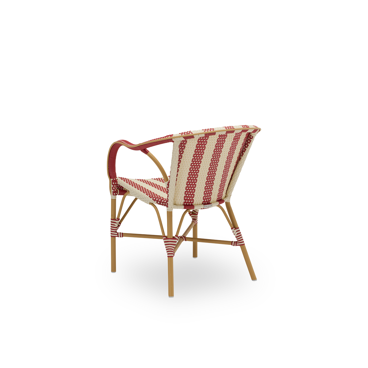 Back side view of the Madeleine exterior dining chair, in almond frame with striped burgundy and ivory ArtFibre. Part of the Alu-Affäire collection, inspired by Sika-Design's own 1950s designs and Parisian bistros. For year-round outdoor use.