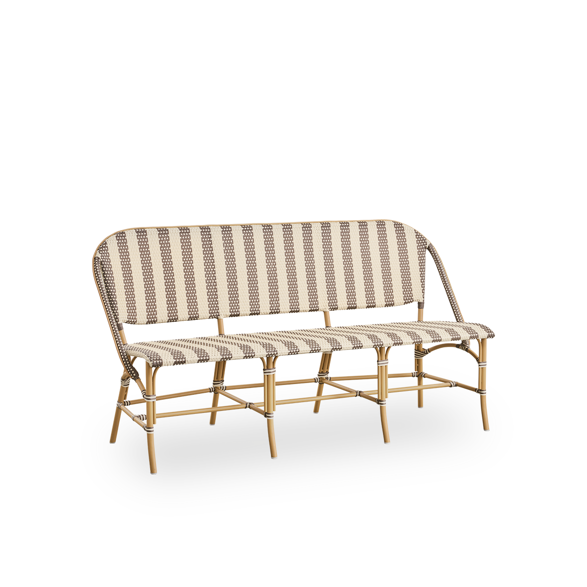 Side view of Sofie outdoor bench inspired by French café style. Rattan frame with fully woven seat- and backrest handcrafted in ArtFibre in broad striped pattern in Ivory and brown. Stackable rattan bistro chair.