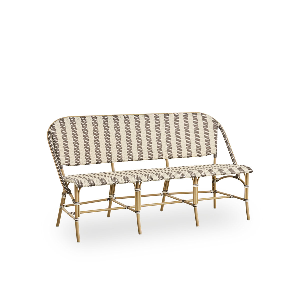 Side view of Sofie outdoor bench inspired by French café style. Rattan frame with fully woven seat- and backrest handcrafted in ArtFibre in broad striped pattern in Ivory and brown. Stackable rattan bistro chair.
