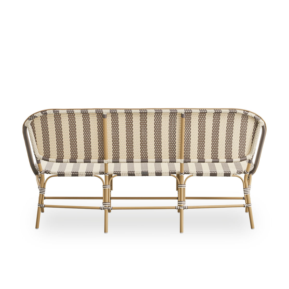 Plain back view of Sofie outdoor bench inspired by French café style. Rattan frame with fully woven seat and backrest handcrafted in ArtFibre in broad striped pattern in Ivory and brown. Stackable rattan bistro chair.