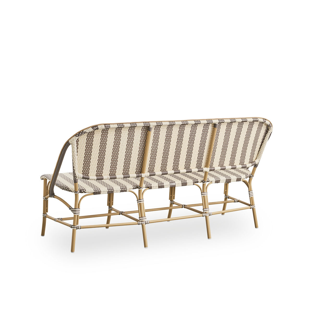 Back side view of the Sofie outdoor bench inspired by French café style.
Rattan frame with fully woven seat and backrest handcrafted in ArtFibre in broad striped pattern in ivory and brown. Stackable rattan bistro bench.