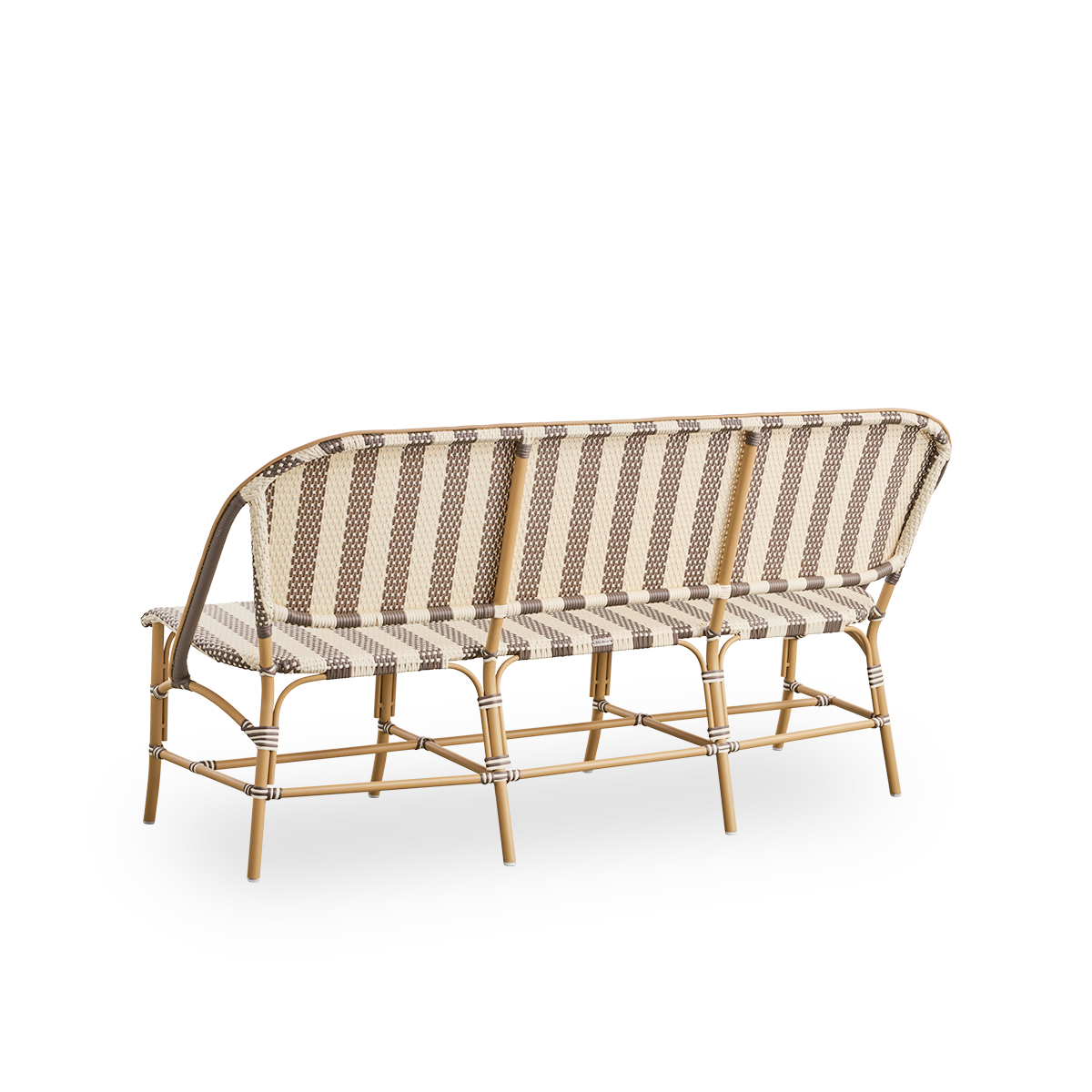 Back side view of the Sofie outdoor bench inspired by French café style.
Rattan frame with fully woven seat and backrest handcrafted in ArtFibre in broad striped pattern in ivory and brown. Stackable rattan bistro bench.
