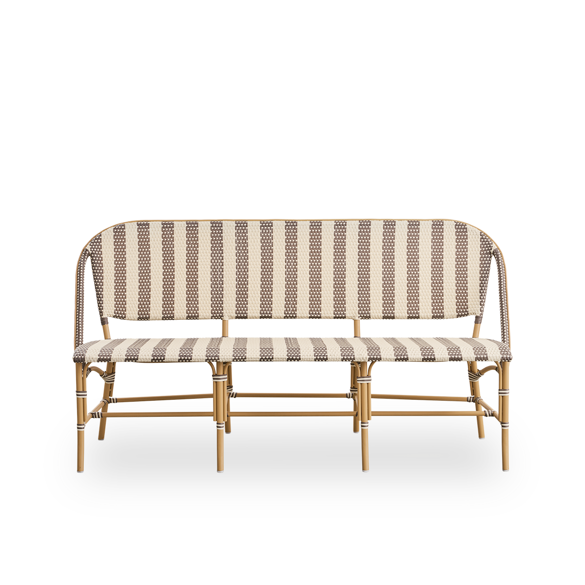 Front view of the Sofie outdoor bench inspired by French café style.
Rattan frame with fully woven seat and backrest handcrafted in ArtFibre in a broad striped pattern in ivory and brown. Stackable rattan bistro bench.