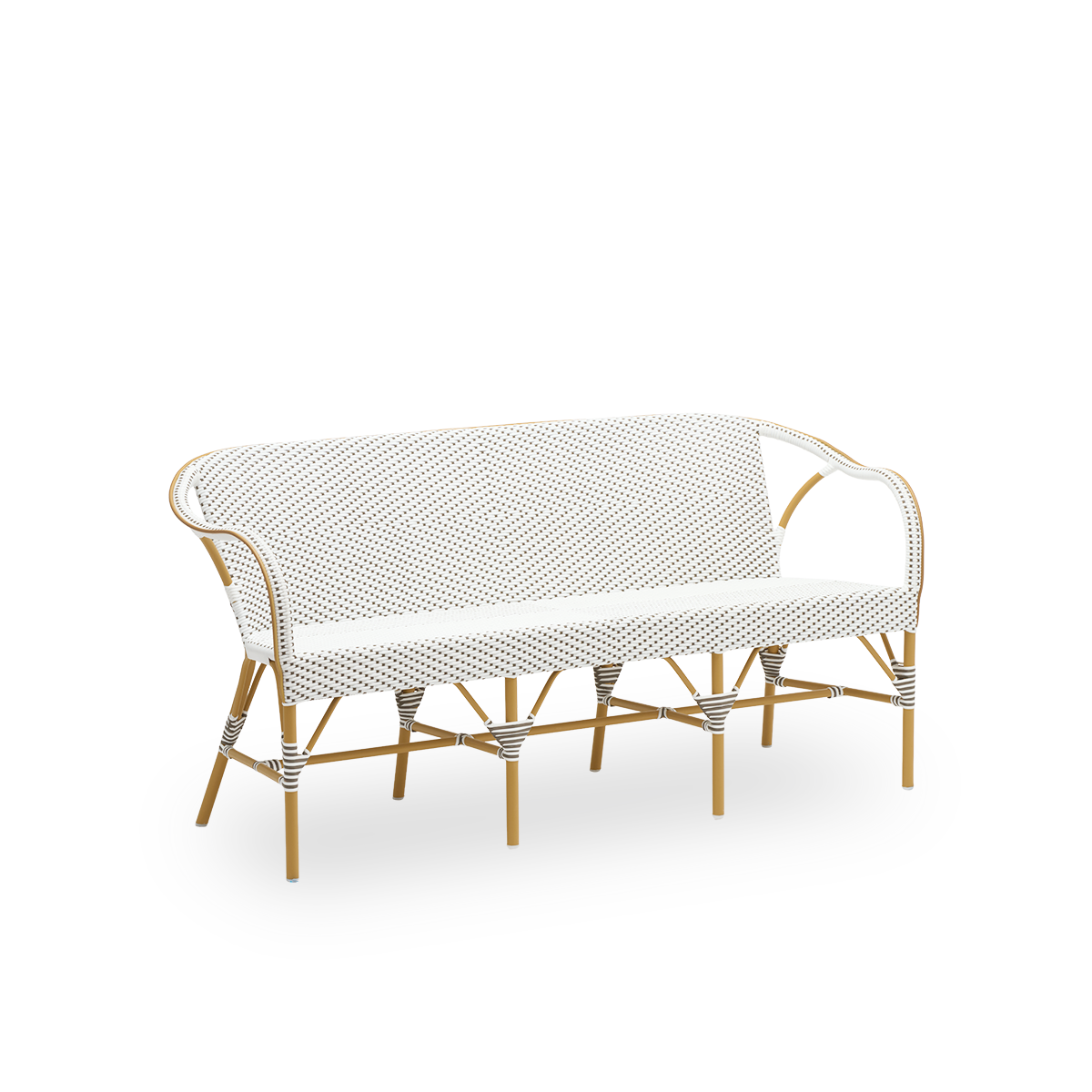 Side view of the Madeleine exterior bench, in almond frame with white ArtFibre with cappuccino dots. Part of the Alu-Affäire collection, inspired by Sika-Design's own 1950s designs and Parisian bistros. For year-round outdoor use.