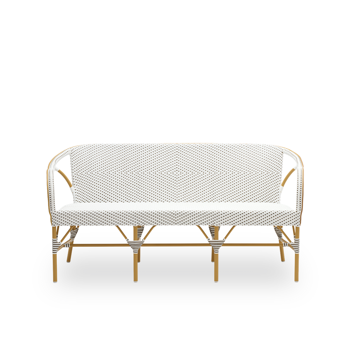 Front view of the Madeleine exterior bench, in almond frame with white ArtFibre with cappuccino dots. Part of the Alu-Affäire collection, inspired by Sika-Design's own 1950s designs and Parisian bistros. For year-round outdoor use.