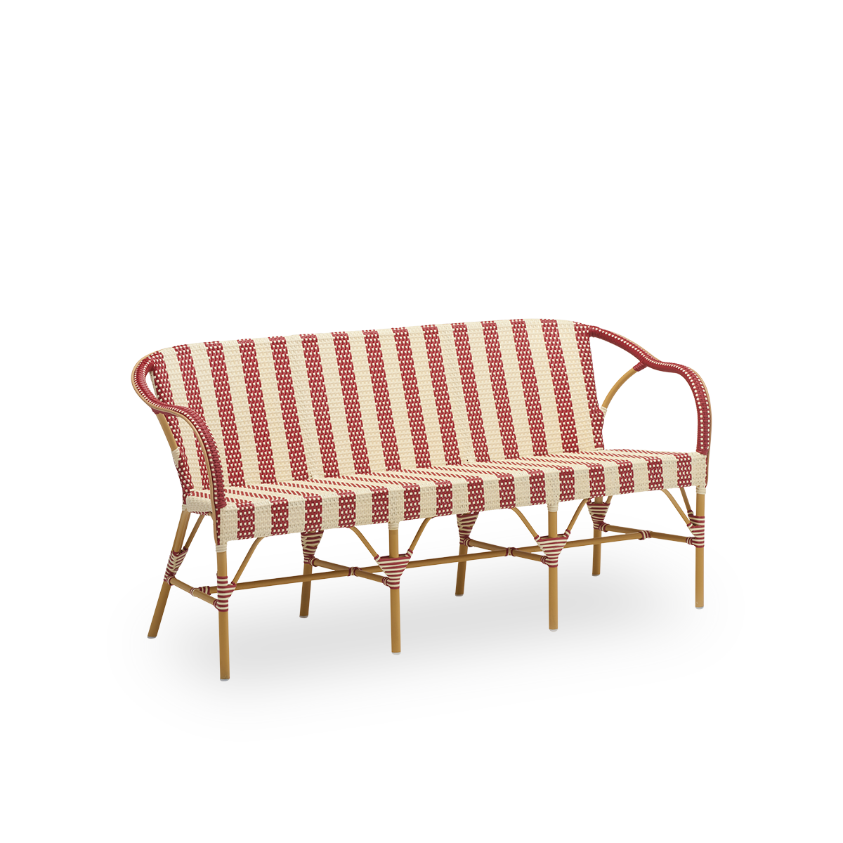 Side view of the Madeleine exterior bench, in almond frame with striped burgundy and ivory ArtFibre. Part of the Alu-Affäire collection, inspired by Sika-Design's own 1950s designs and Parisian bistros. For year-round outdoor use.