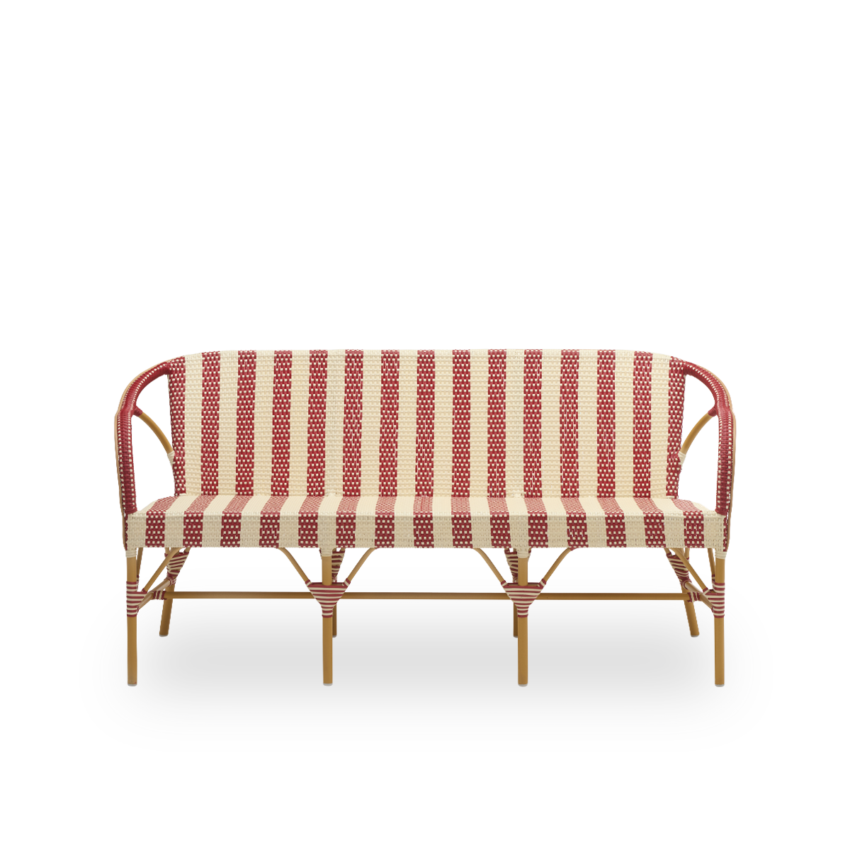 Front view of the Madeleine exterior bench, in almond frame with striped burgundy and ivory ArtFibre. Part of the Alu-Affäire collection, inspired by Sika-Design's own 1950s designs and Parisian bistros. For year-round outdoor use.