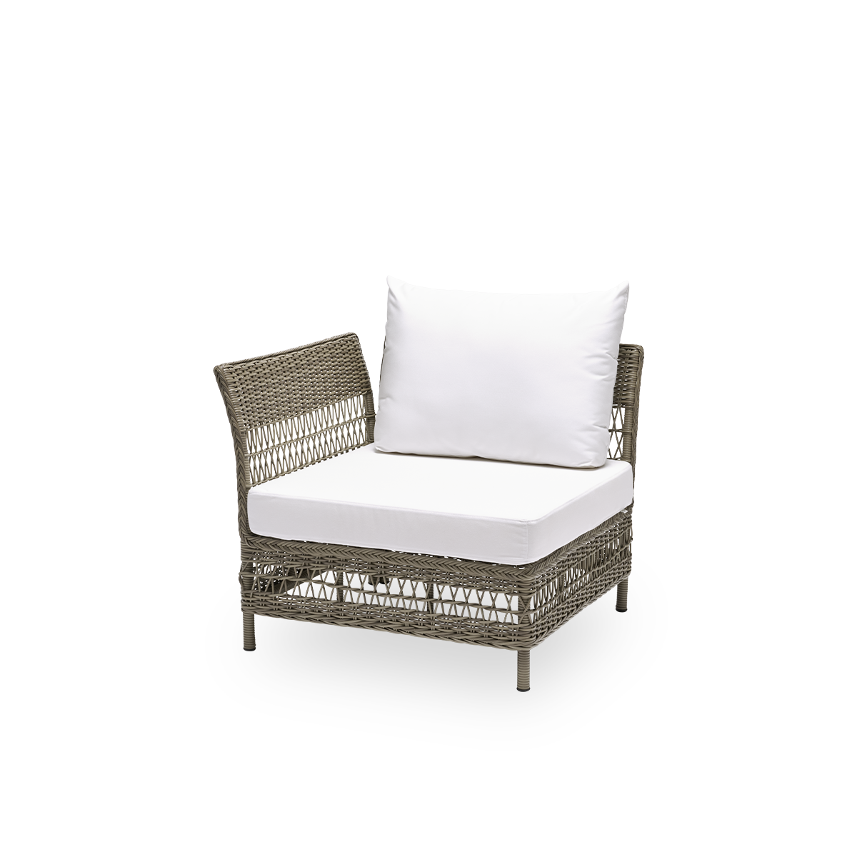 Side view of the Mona exterior sofa, corner module with seat and back cushions, in antique grey ArtFibre and aluminium. Part of the Mona modular sofa, which adapts to the shape of the outdoor space it stands in.
