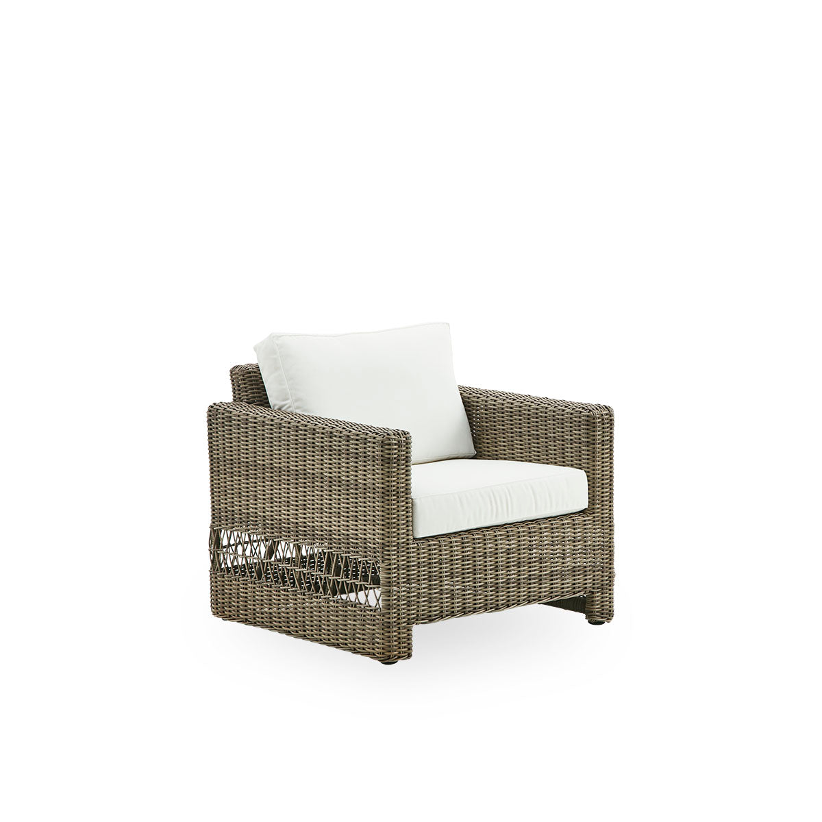 Side view of Carrie Exterior Lounge chair in the color antique grey. Squared robust lounge chair with aluminium frame fully woven with ArtFibre.