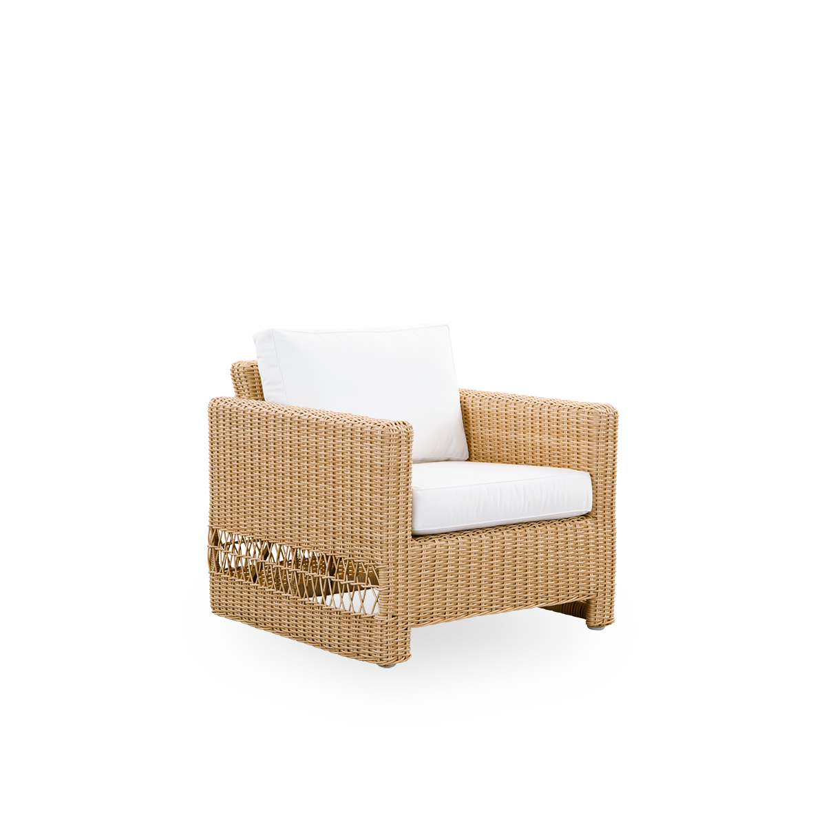 Side view of Carrie Exterior Lounge chair in the color Natural. Squared robust lounge chair made with aluminium frame fully woven with ArtFibre.