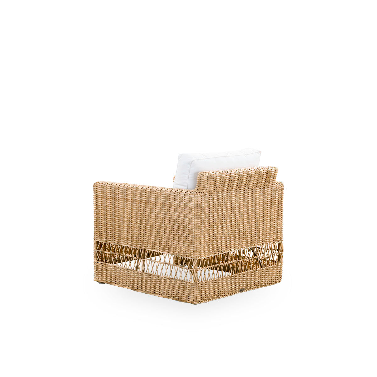 Back side view of Carrie Exterior lounge chair in the color Natural. Squared, robust lounge chair made with an aluminium frame fully woven with ArtFibre.