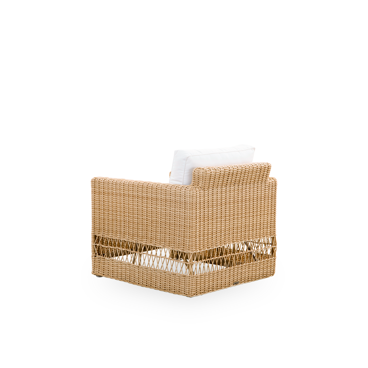 Back side view of Carrie Exterior lounge chair in the color Natural. Squared, robust lounge chair made with an aluminium frame fully woven with ArtFibre.