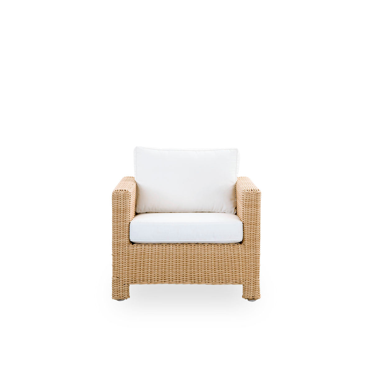 Front view of Carrie Exterior lounge chair in the color Natural. Squared, robust lounge chair made with an aluminium frame fully woven with ArtFibre.