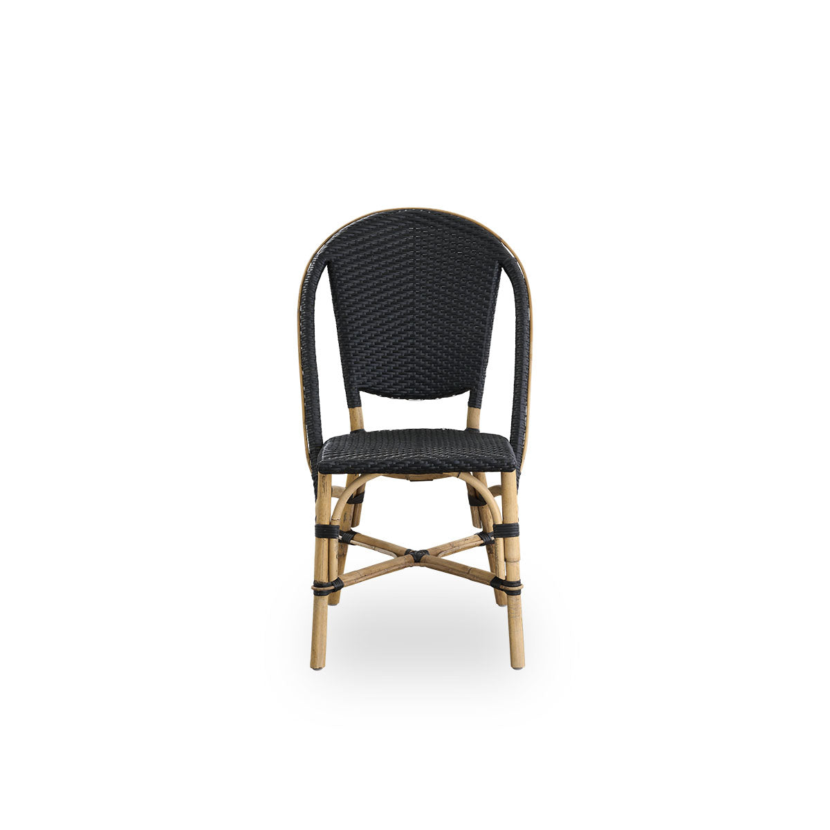 Front view of the Sofie rattan dining chair inspired by French café style.
Rattan frame with fully woven seat and backrest handcrafted in ArtFibre in black color. Stackable rattan bistro chair.