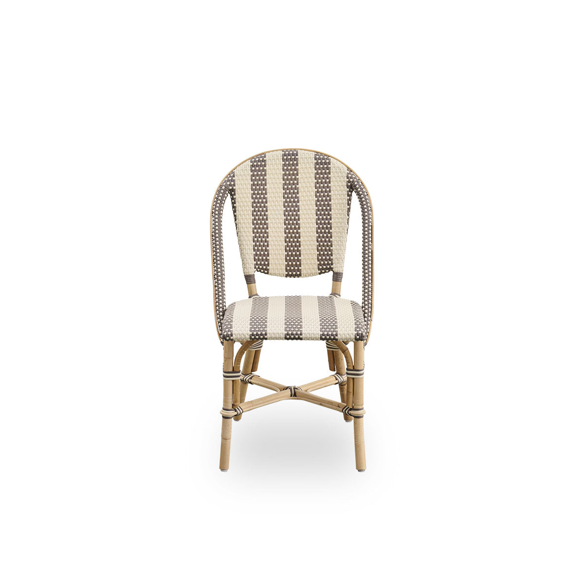 Front view of the Sofie rattan dining chair inspired by French café style.
Aluminum frame in almond color with fully woven seat and backrest handcrafted in ArtFibre in a broad striped pattern in ivory and brown.