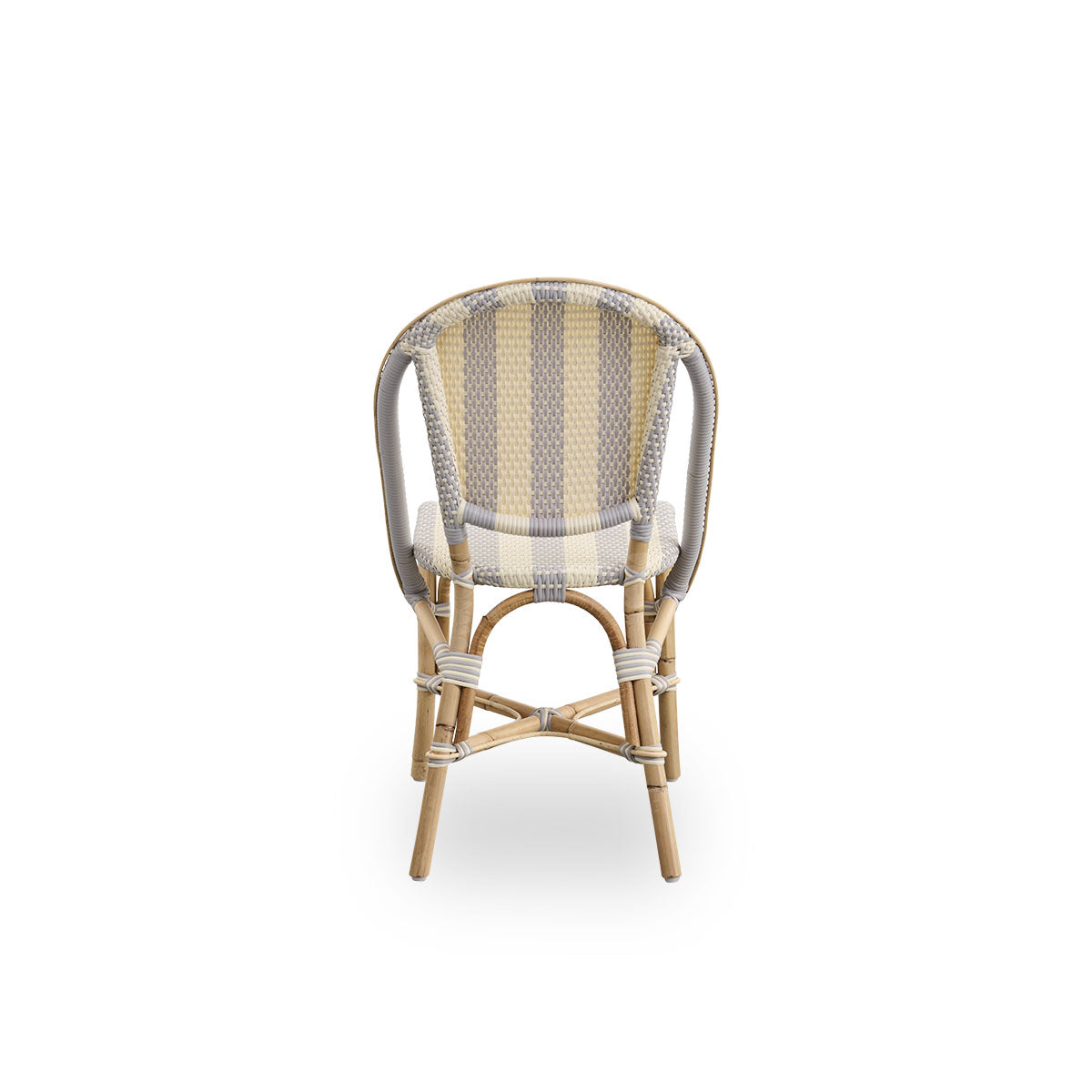 Plain back view of Sofie rattan dining chair inspired by French café style. Rattan frame with fully woven seat and backrest handcrafted in ArtFibre in broad striped pattern in Ivory and Grey. Stackable rattan bistro chair.