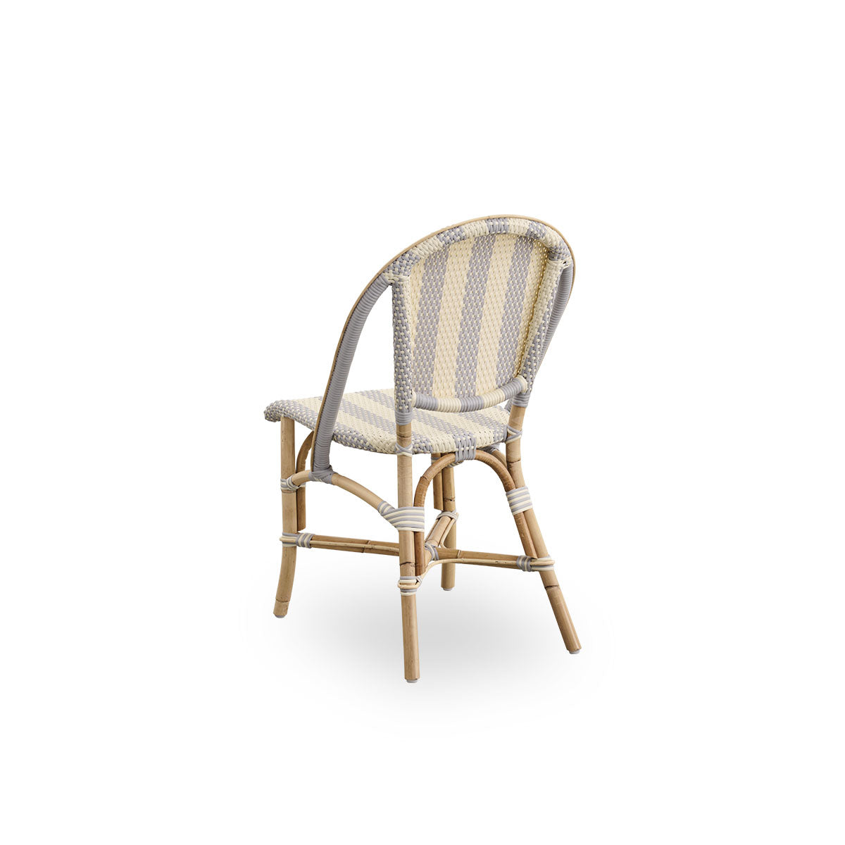 Back side view of the Sofie rattan dining chair inspired by French café style.
Rattan frame with fully woven seat and backrest handcrafted in ArtFibre in broad striped pattern in ivory and grey. Stackable rattan bistro chair.