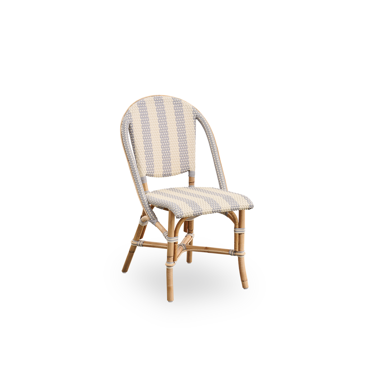Side view of Sofie rattan dining chair inspired by French café style. Rattan frame with fully woven seat- and backrest handcrafted in ArtFibre in broad striped pattern in Ivory and Grey. Stackable rattan bistro chair.