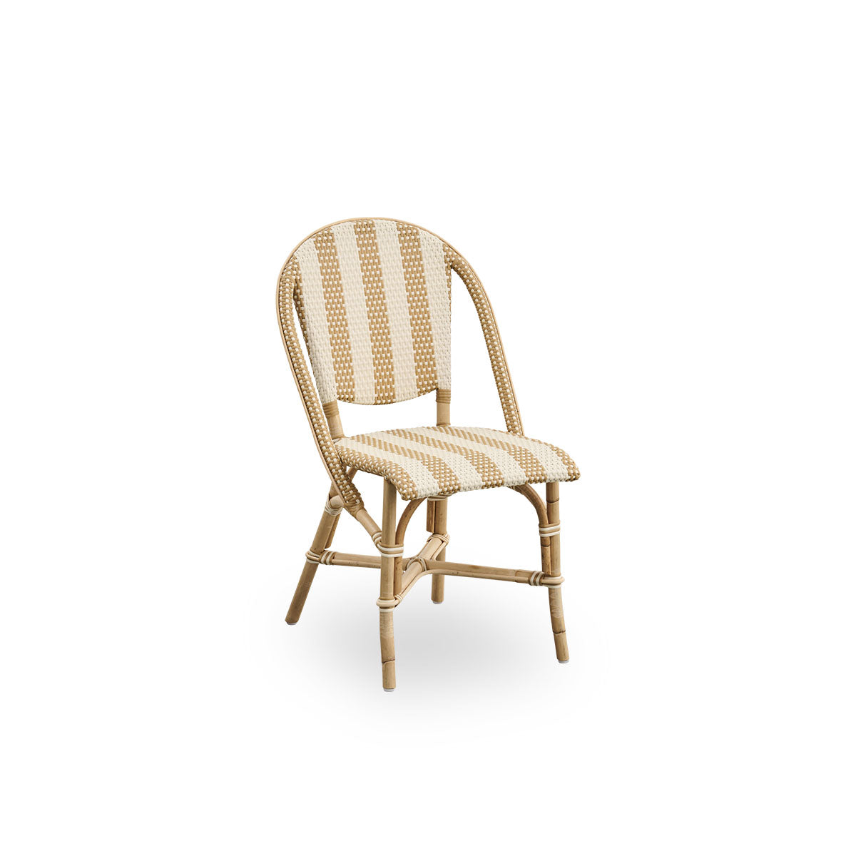 Side view of Sofie rattan dining chair inspired by French café style. Rattan frame with fully woven seat- and backrest handcrafted in ArtFibre in broad striped pattern in Ivory and Honey. Stackable rattan bistro chair.