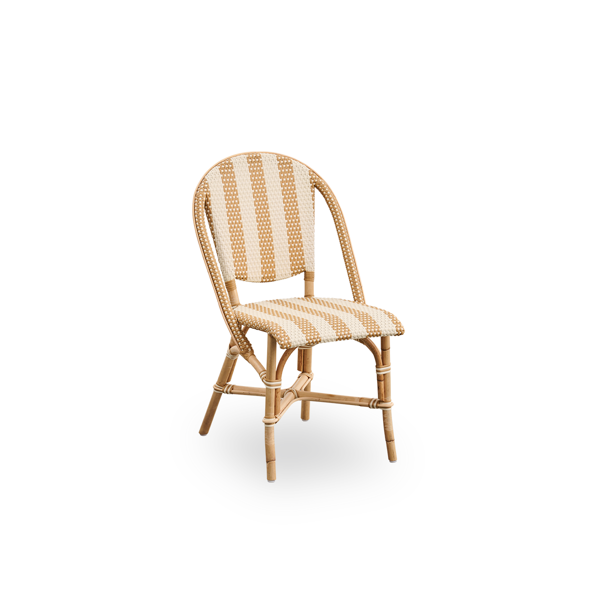 Side view of Sofie rattan dining chair inspired by French café style. Rattan frame with fully woven seat- and backrest handcrafted in ArtFibre in broad striped pattern in Ivory and Honey. Stackable rattan bistro chair.