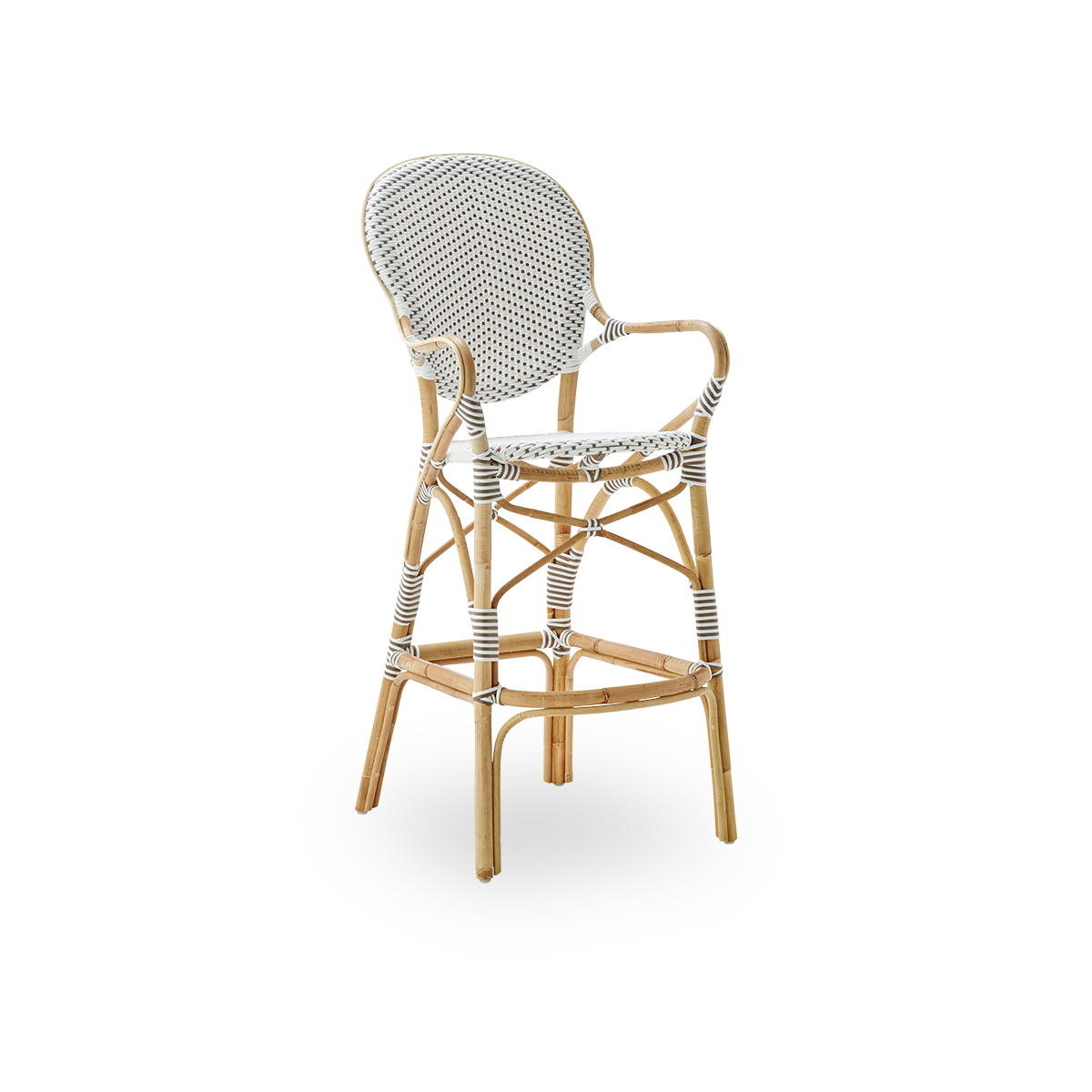 Side view of Isabell barstool with high bagrest, armrests and footrest. Natural rattan frame with ArtFibre seat in white with cappuccino dots. Inspired by 1950s bistro design.