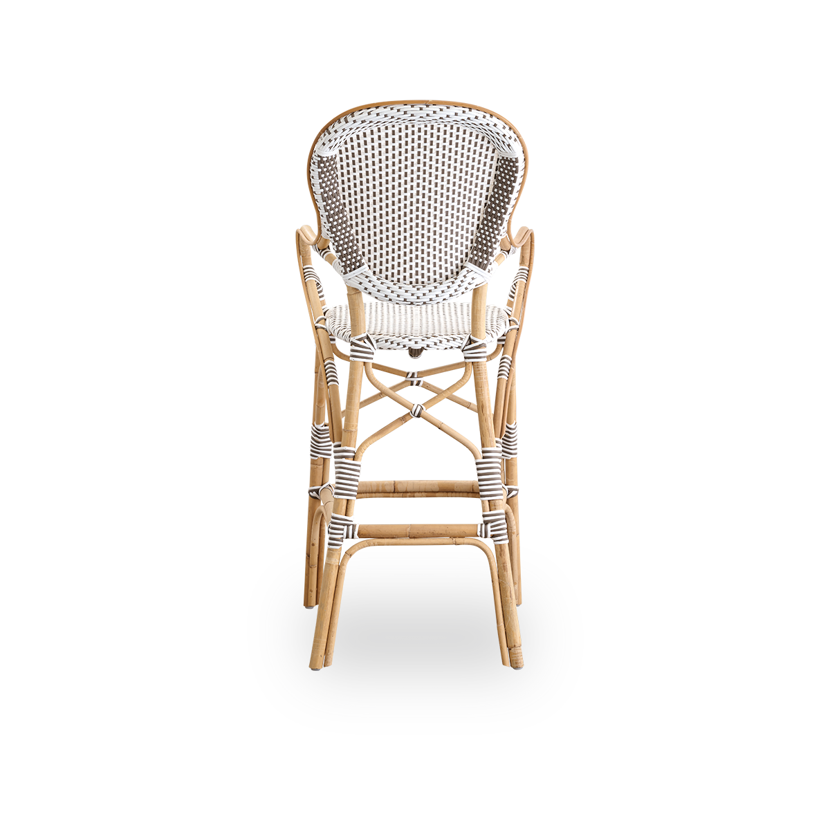 Plain back view of Isabell barstool with high backrest, armrests and footrest. Natural rattan frame with ArtFibre seat in white with cappuccino dots. Inspired by 1950s bistro design.