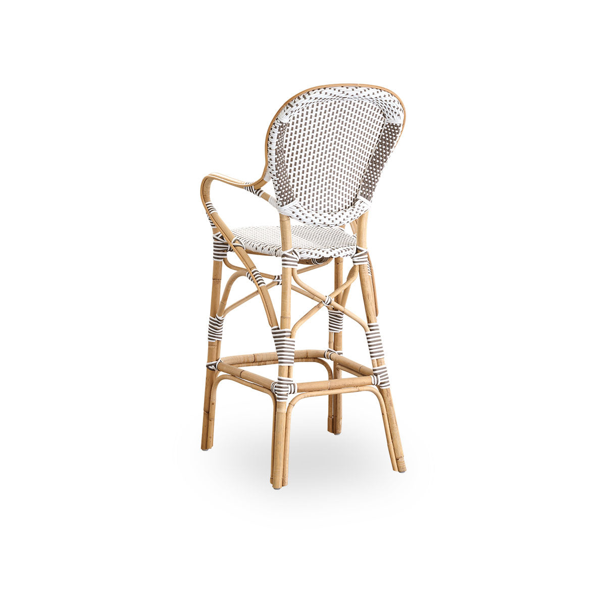 Back side view of the Isabell barstool with high backrest, armrests, and footrest.
Natural rattan frame with an ArtFibre seat in white with cappuccino dots. Inspired by 1950s bistro design.