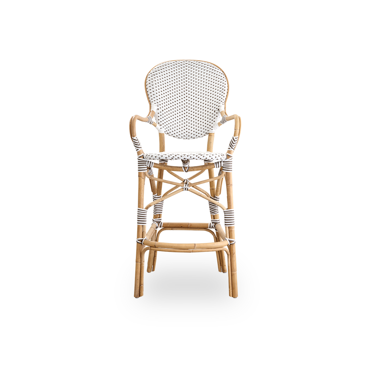 Front view of the Isabell barstool with high backrest, armrests, and footrest.
Natural rattan frame with an ArtFibre seat in white with cappuccino dots. Inspired by 1950s bistro design.