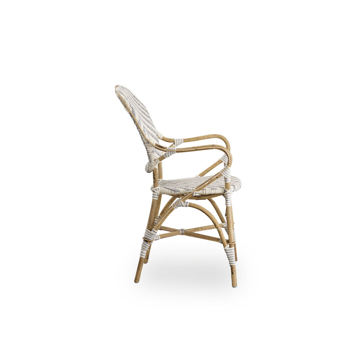 Plain side view of Isabell dining chair with armrest. Rattan frame with seat and backrest made in ArtFibre in ivory and grey herringbone pattern. Inspired by 1950s bistro design.