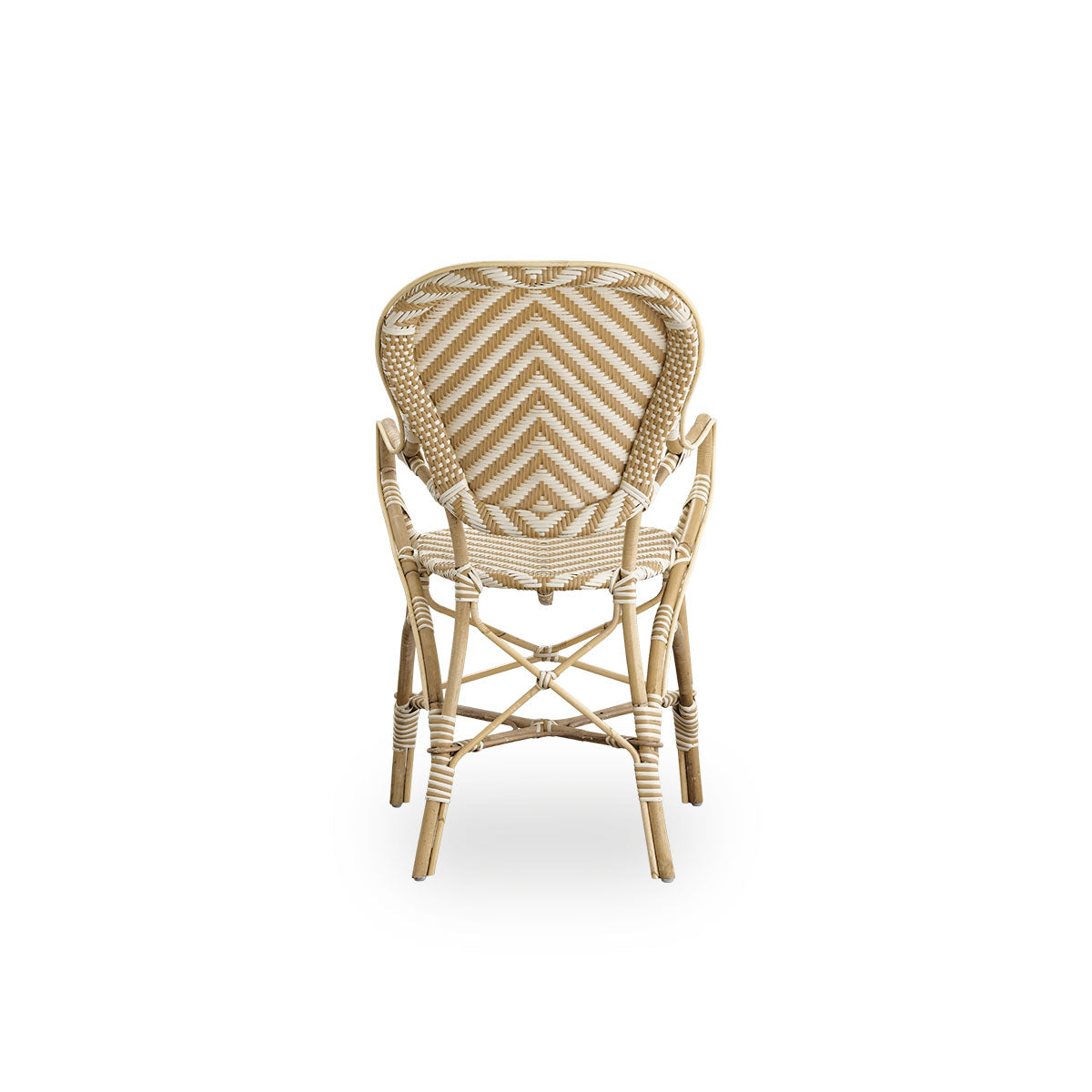 Plain back view of Isabell dining chair with armrest. Rattan frame with seat and backrest made in ArtFibre in ivory and grey herringbone pattern. Inspired by 1950s bistro design.