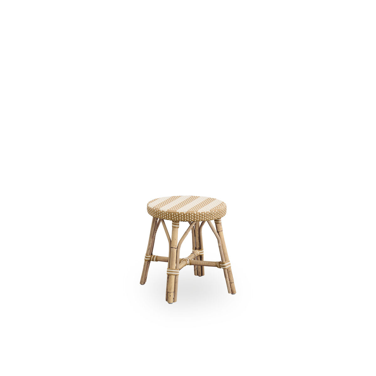 Side view of Simone stool height 52 cm. Rattan frame with footrest, with fully woven round seat handcrafted in ArtFibre in broad striped pattern in Ivory and Honey. Stackable rattan stool.