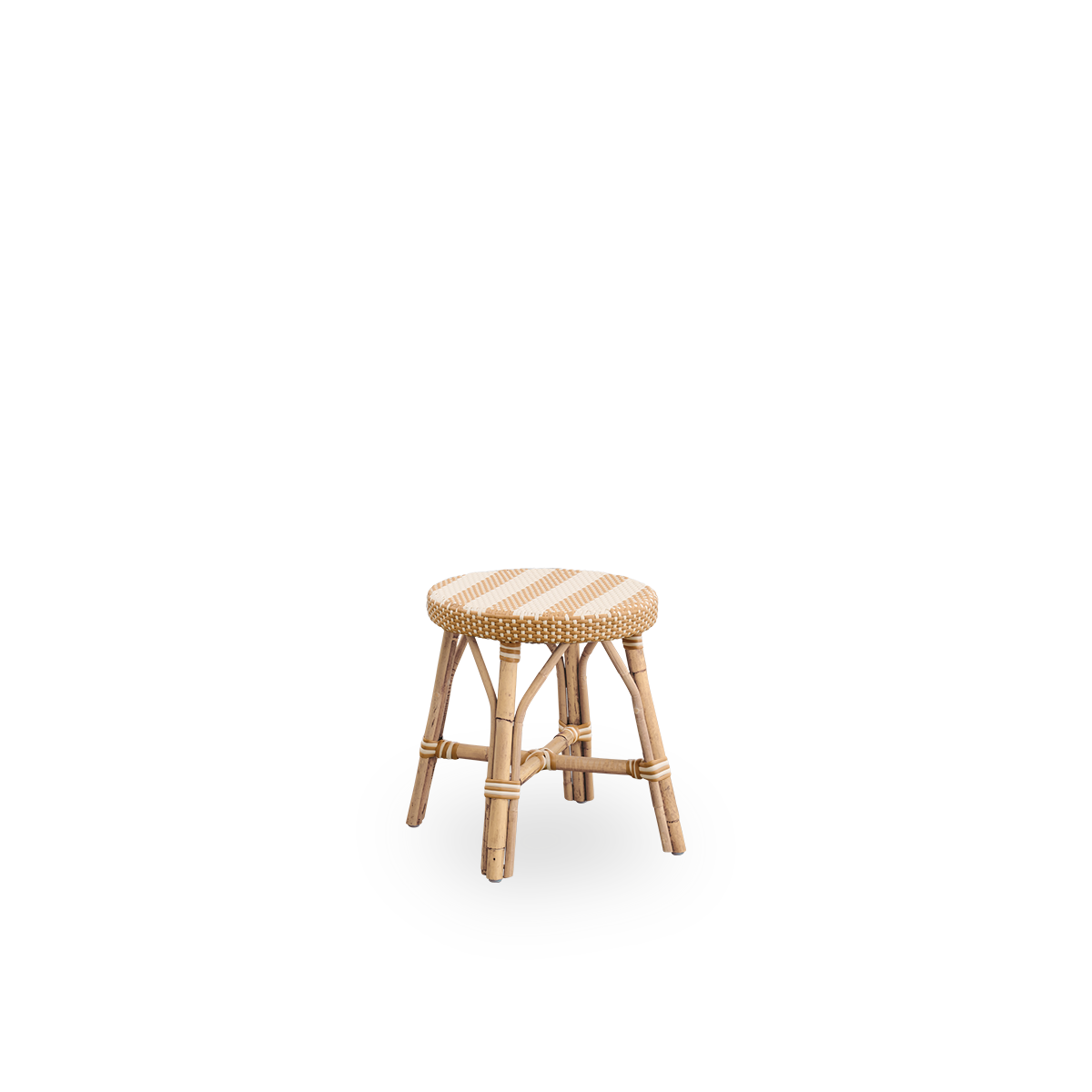 Side view of Simone stool height 52 cm. Rattan frame with footrest, with fully woven round seat handcrafted in ArtFibre in broad striped pattern in Ivory and Honey. Stackable rattan stool.
