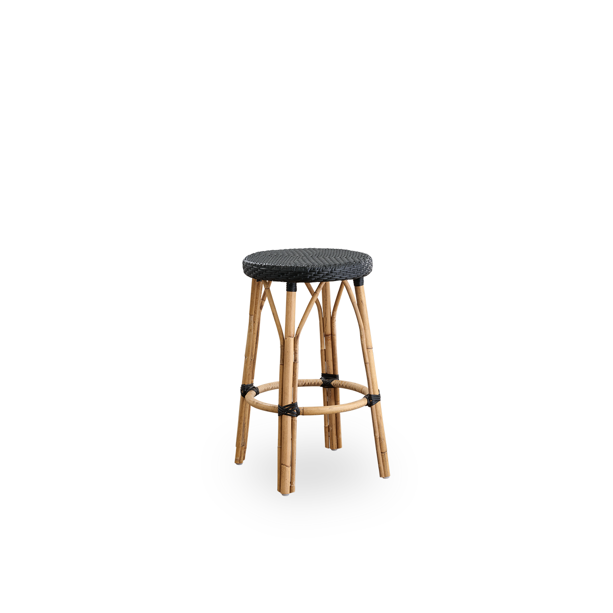 Side view of Simone counterstool height 68 cm. Rattan frame with footrest, with fully woven round seat handcrafted in ArtFibre in black color. Stackable counterstool.