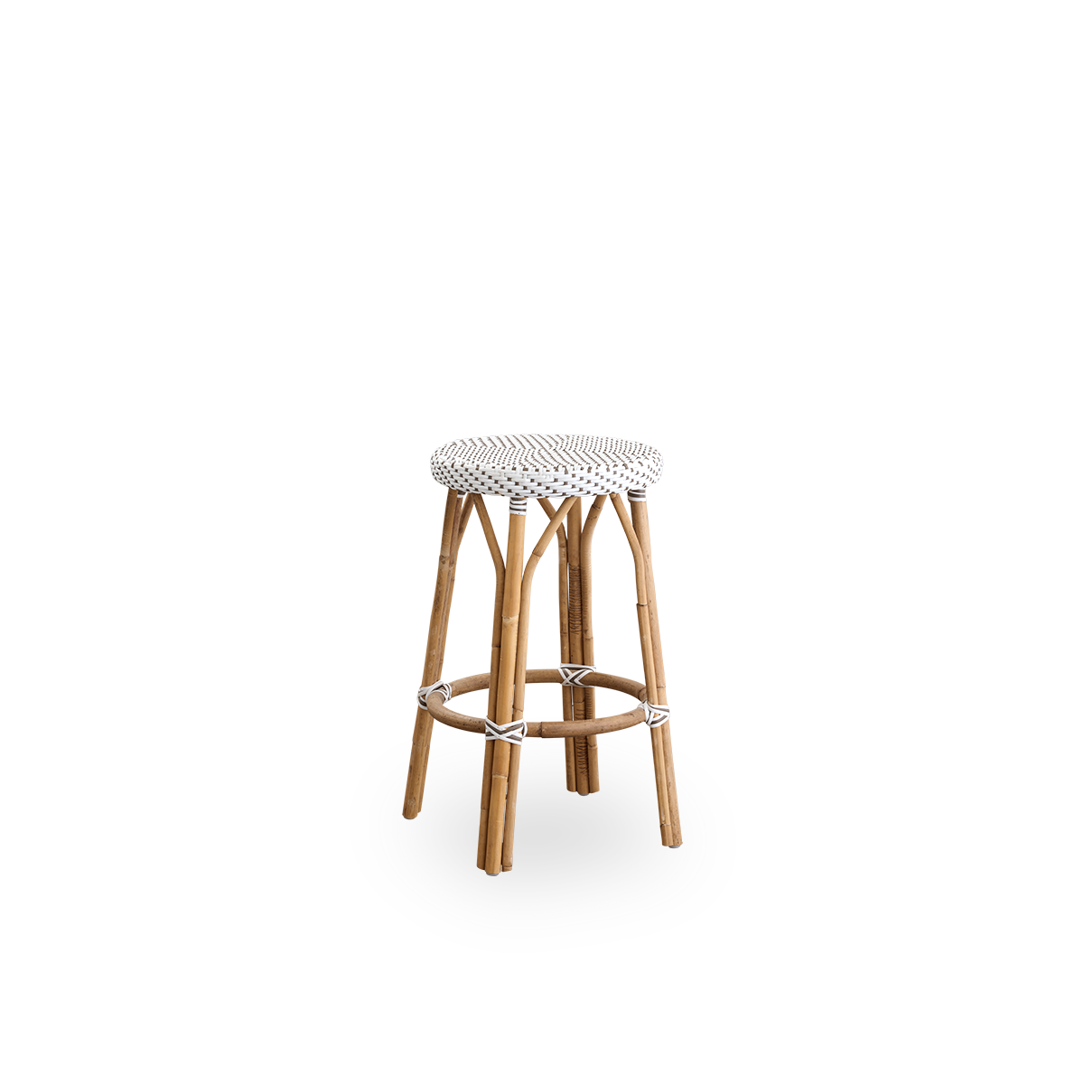 Side view of Simone counterstool height 68 cm. Rattan frame with footrest, with fully woven round seat handcrafted in ArtFibre in white with brown dots pattern. Stackable counterstool.