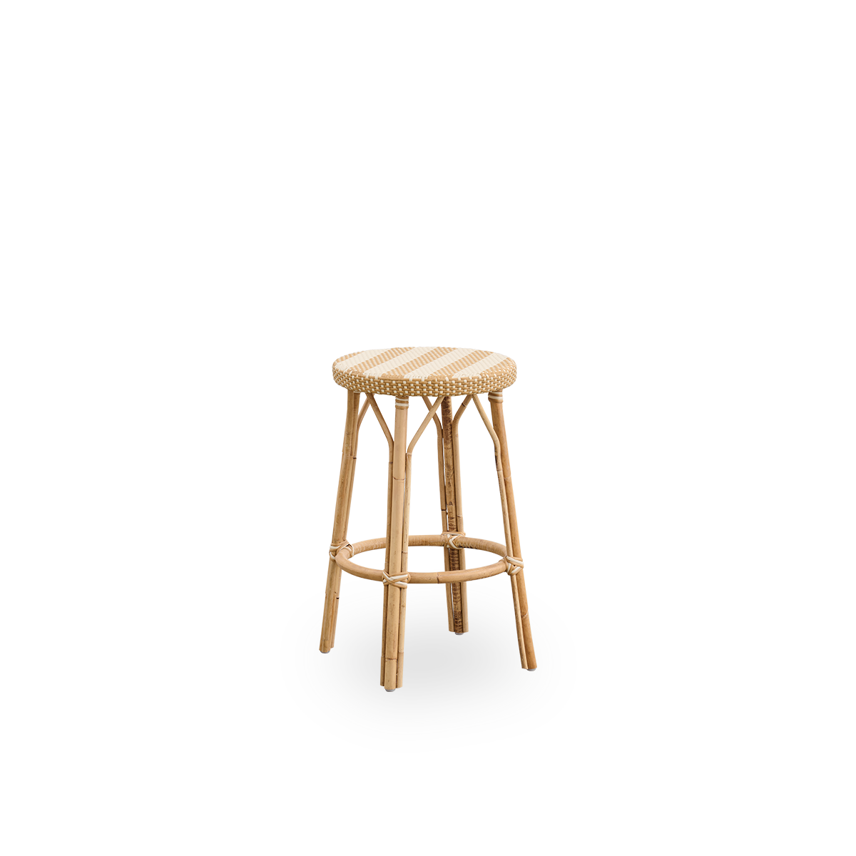 Side view of Simone counterstool height 68 cm. Rattan frame with footrest, with fully woven round seat handcrafted in ArtFibre in broad striped pattern in Ivory and Honey. Stackable counterstool.