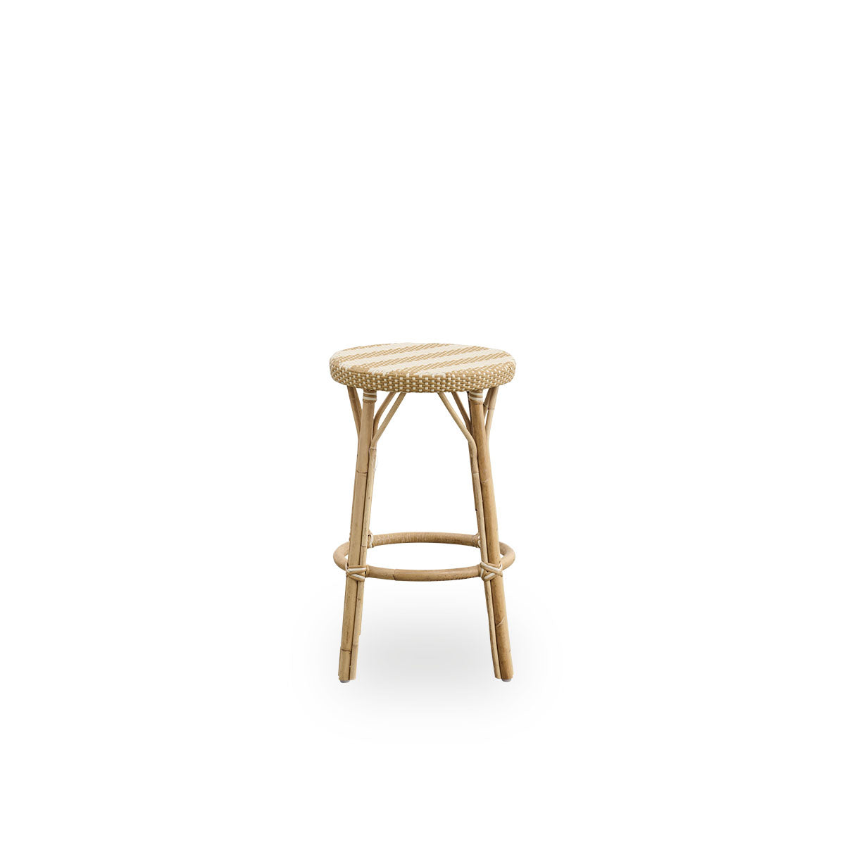 Plain side view of Simone counterstool height 68 cm. Rattan frame with footrest, with fully woven round seat handcrafted in ArtFibre in broad striped pattern in Ivory and Honey. Stackable counterstool.
