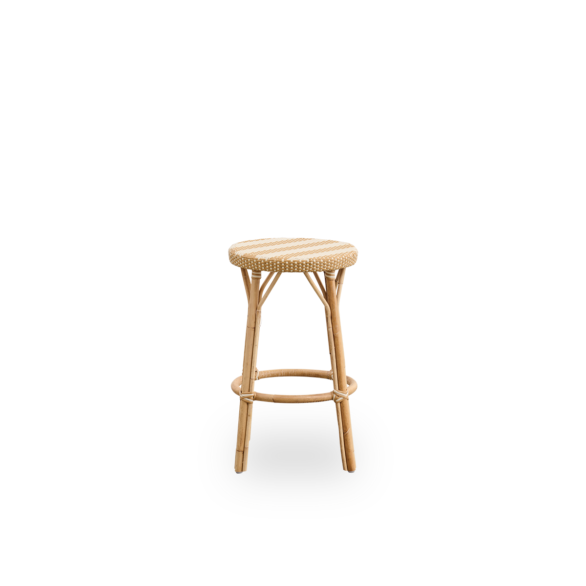 Plain side view of Simone counterstool height 68 cm. Rattan frame with footrest, with fully woven round seat handcrafted in ArtFibre in broad striped pattern in Ivory and Honey. Stackable counterstool.