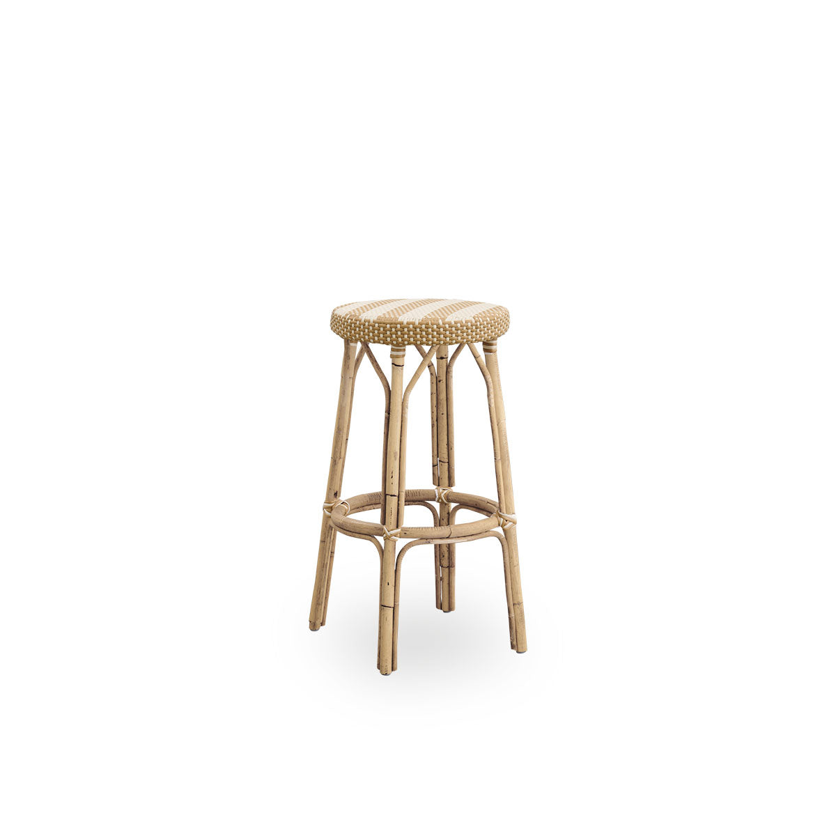 Side view of Simone barstool height 78 cm. Rattan frame with footrest, with fully woven round seat handcrafted in ArtFibre in broad striped pattern in Ivory and Honey. Stackable barstool.