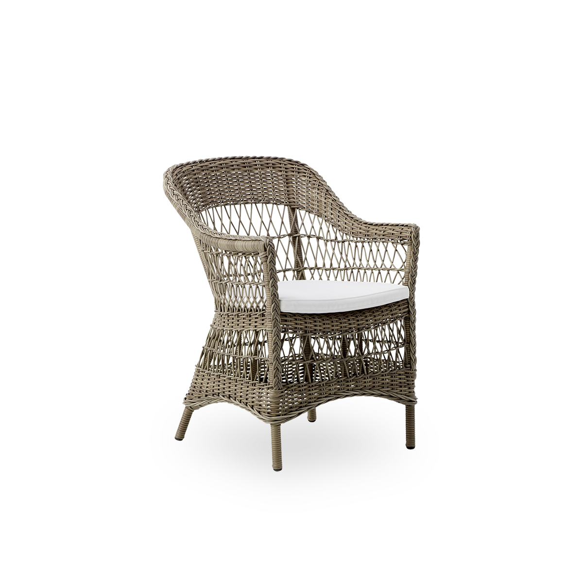 Side view of the Charlot Exterior dining chair in antique grey color, a fully woven outdoor chair in British colonial style handcrafted from ArtFibre on durable aluminum frames.