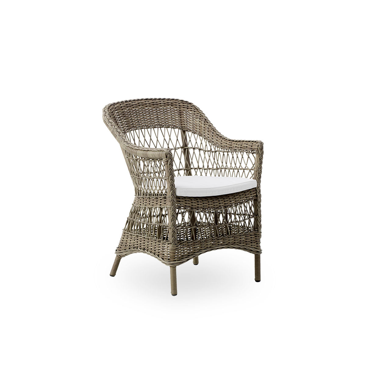 Side view of the Charlot Exterior dining chair in antique grey color, a fully woven outdoor chair in British colonial style handcrafted from ArtFibre on durable aluminum frames.
