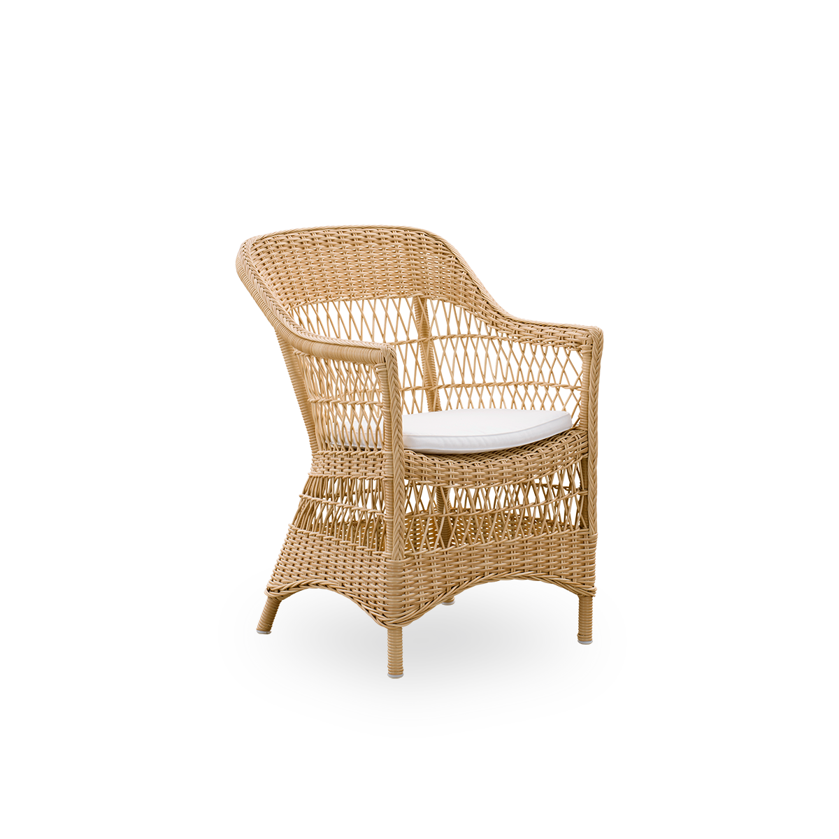 Side view of the Charlot Exterior dining chair in a natural color, a fully woven outdoor chair in British colonial style handcrafted from ArtFibre on durable aluminum frames.