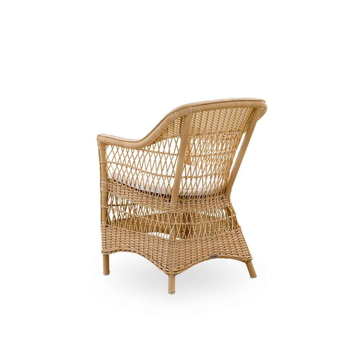 Plain back view of the Charlot Exterior dining chair in a natural color, a fully woven outdoor chair in British colonial style handcrafted from ArtFibre on durable aluminum frames.