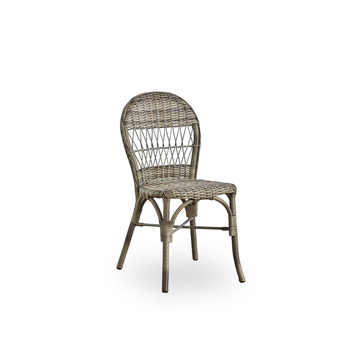 Side view of Ofelia outdoor dining chair in antique grey color. A smaller dining chair without armrest made of aluminium frame fully woven with ArtFibre.
