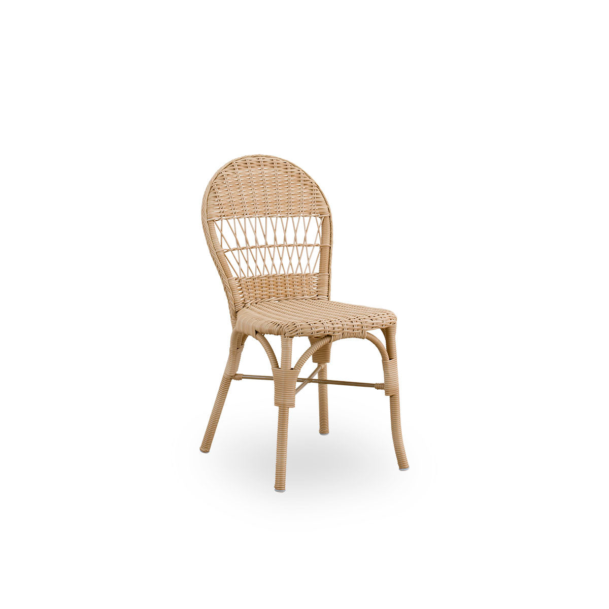 Side view of Ofelia outdoor dining chair in antique Natural color. A smaller dining chair without armrest made of aluminium frame fully woven with ArtFibre.