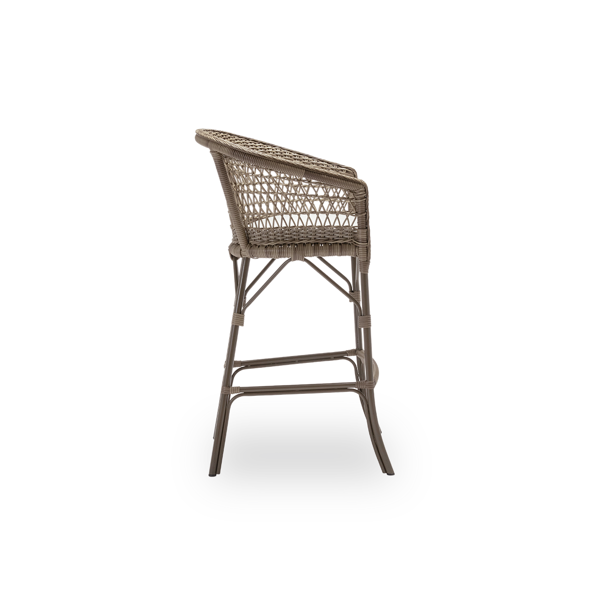 Plain side view of the Emma exterior bar stool with seat cushion, in antique grey ArtFibre and aluminium. From Sika-Design's Georgia Garden collection, suited to private homes and to hotels and restaurants alike.
