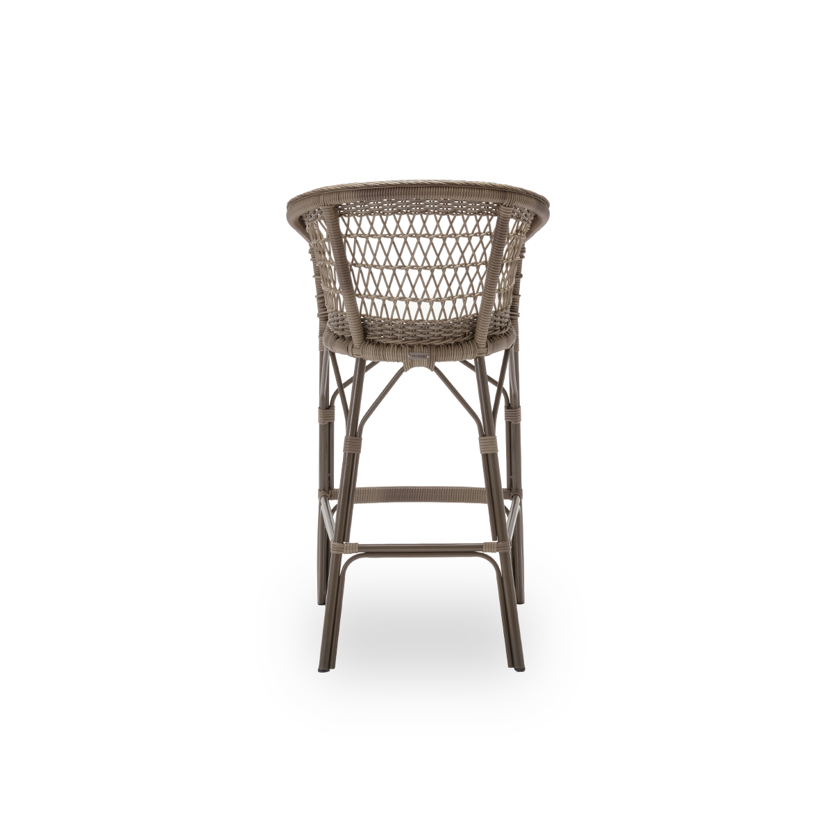 Plain back view of the Emma exterior bar stool with seat cushion, in antique grey ArtFibre and aluminium. From Sika-Design's Georgia Garden collection, suited to private homes and to hotels and restaurants alike.