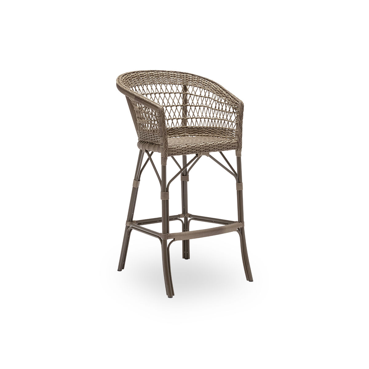 Side view of the Emma exterior bar stool, in antique grey ArtFibre and aluminium. From Sika-Design's Georgia Garden collection, suited to private homes and to hotels and restaurants alike.