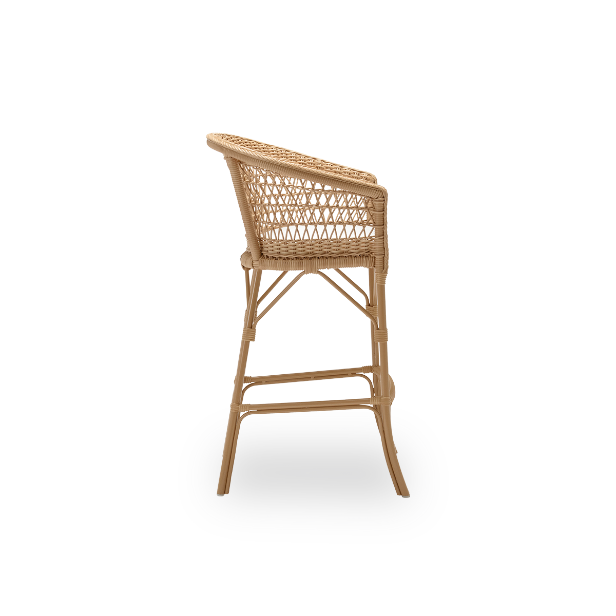 Plain side view of the Emma exterior bar stool with seat cushion, in natural ArtFibre and aluminium. From Sika-Design's Georgia Garden collection, suited to private homes and to hotels and restaurants alike.