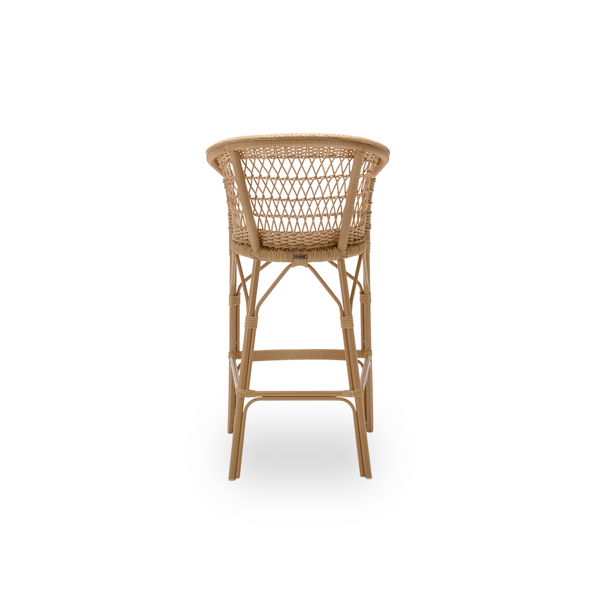 Plain back view of the Emma exterior bar stool with seat cushion, in natural ArtFibre and aluminium. From Sika-Design's Georgia Garden collection, suited to private homes and to hotels and restaurants alike.
